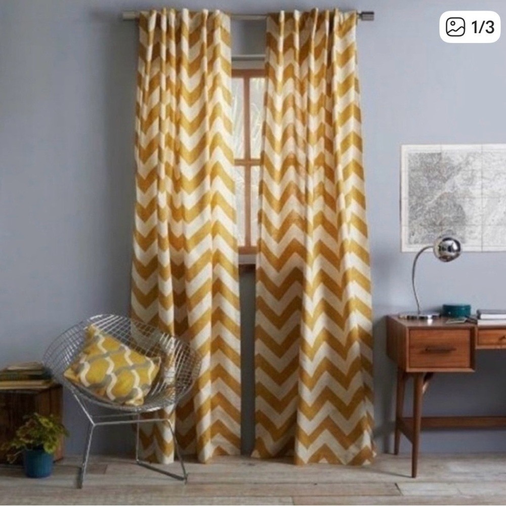 West Elm 100% Cotton Chevron Curtains Yellow and white. Set of 2 48x84.